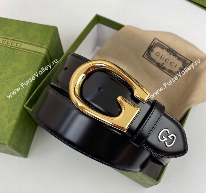 Gucci Shiny Black Leather Belt 4cm with Single G Buckle Black/Gold 2024 0408 (99-240408091)