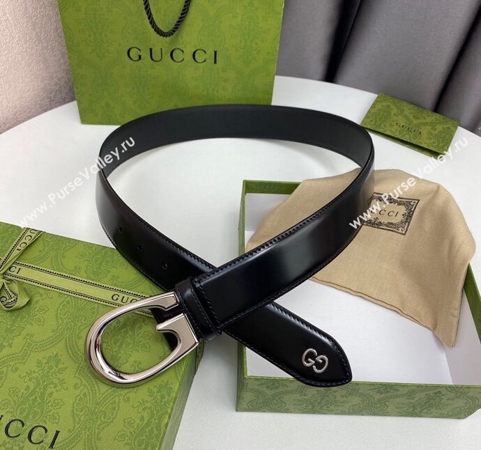 Gucci Shiny Black Leather Belt 4cm with Single G Buckle Black/Silver 2024 0408 (99-240408092)