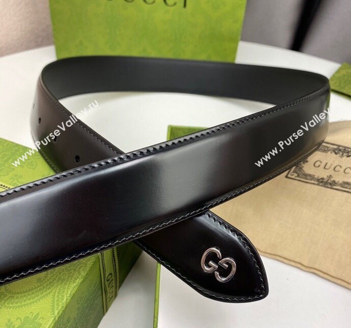 Gucci Shiny Black Leather Belt 4cm with Single G Buckle Black/Silver 2024 0408 (99-240408092)