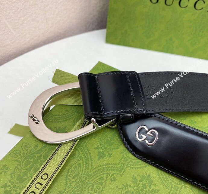 Gucci Shiny Black Leather Belt 4cm with Single G Buckle Black/Silver 2024 0408 (99-240408092)