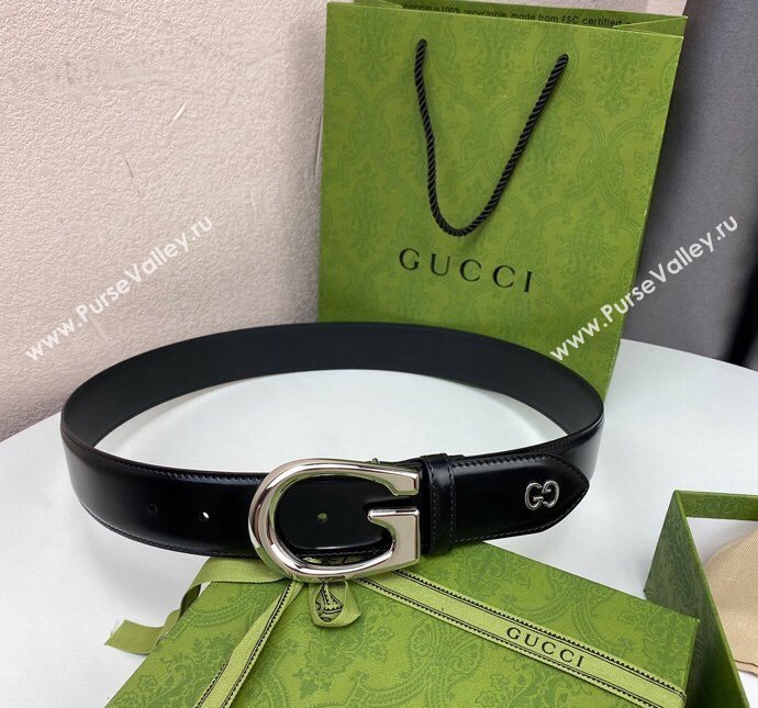 Gucci Shiny Black Leather Belt 4cm with Single G Buckle Black/Silver 2024 0408 (99-240408092)