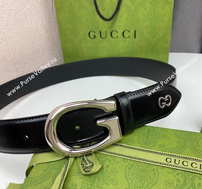 Gucci Shiny Black Leather Belt 4cm with Single G Buckle Black/Silver 2024 0408 (99-240408092)