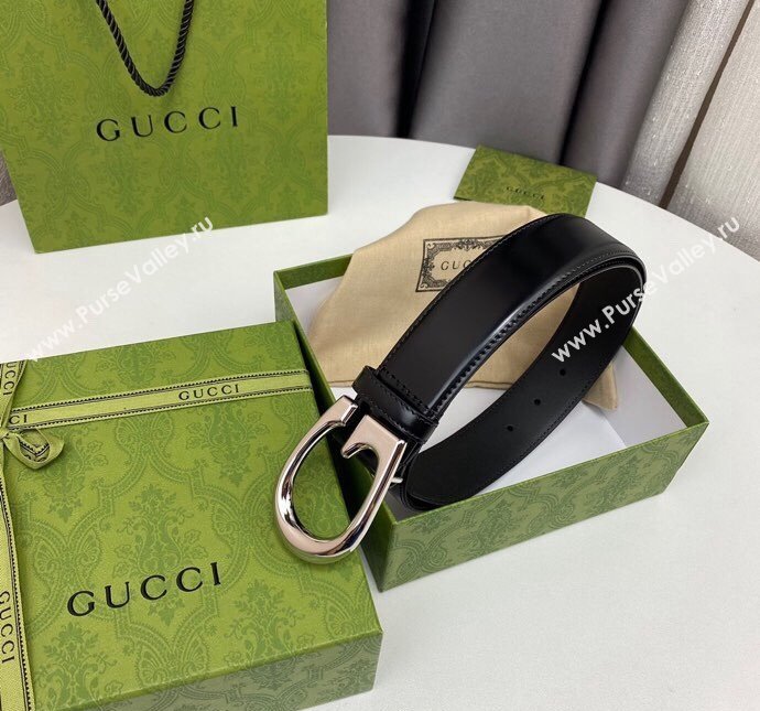 Gucci Shiny Black Leather Belt 4cm with Single G Buckle Black/Silver 2024 0408 (99-240408092)