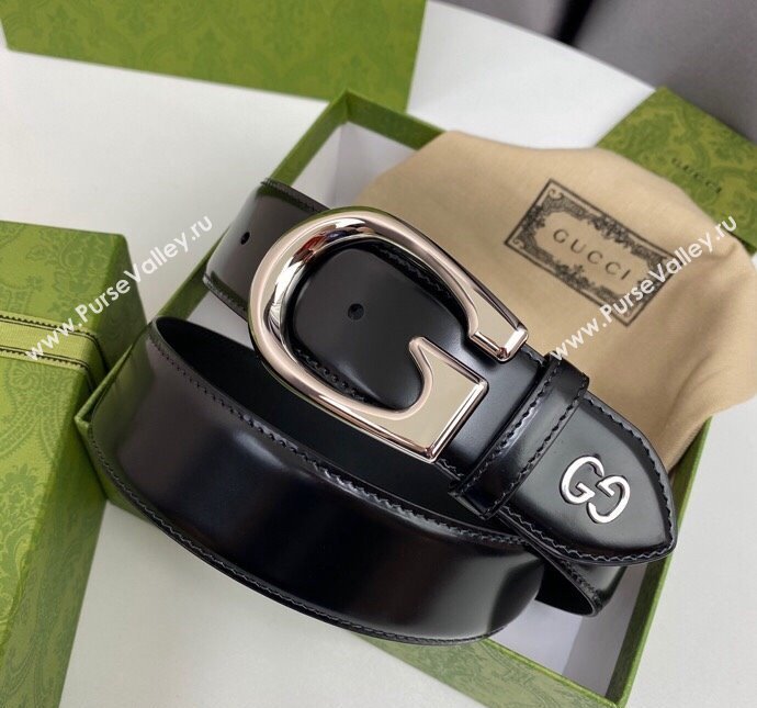 Gucci Shiny Black Leather Belt 4cm with Single G Buckle Black/Silver 2024 0408 (99-240408092)