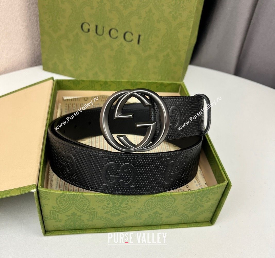 Gucci Black GG Perforated Leather Belt 4cm with Interlocking G Black 2024 0408 (99-240408093)