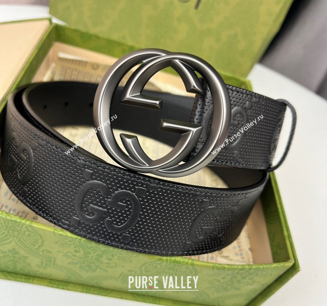 Gucci Black GG Perforated Leather Belt 4cm with Interlocking G Black 2024 0408 (99-240408093)