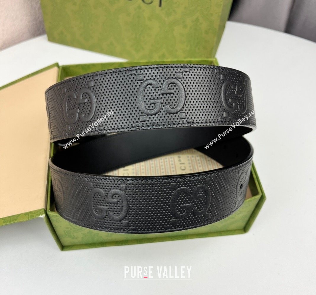 Gucci Black GG Perforated Leather Belt 4cm with Interlocking G Black 2024 0408 (99-240408093)