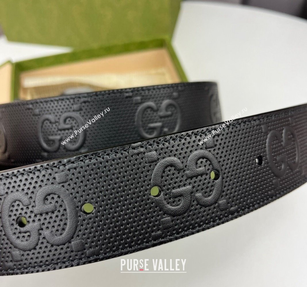 Gucci Black GG Perforated Leather Belt 4cm with Interlocking G Black 2024 0408 (99-240408093)