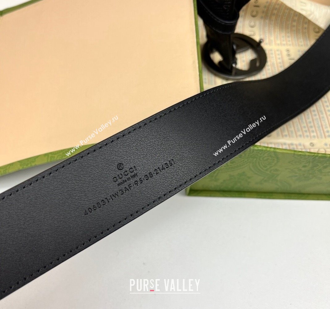 Gucci Black GG Perforated Leather Belt 4cm with Interlocking G Black 2024 0408 (99-240408093)
