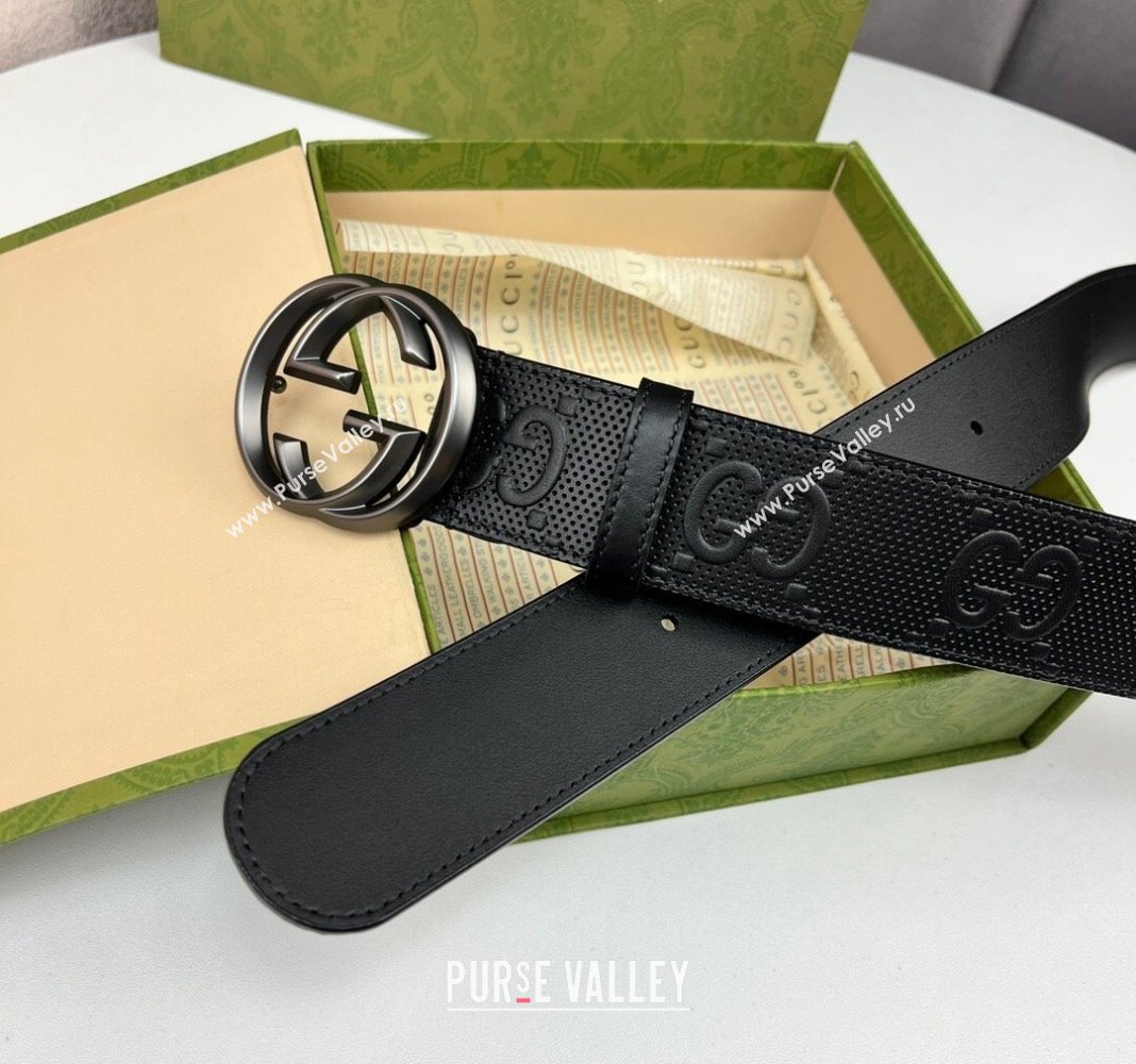 Gucci Black GG Perforated Leather Belt 4cm with Interlocking G Black 2024 0408 (99-240408093)