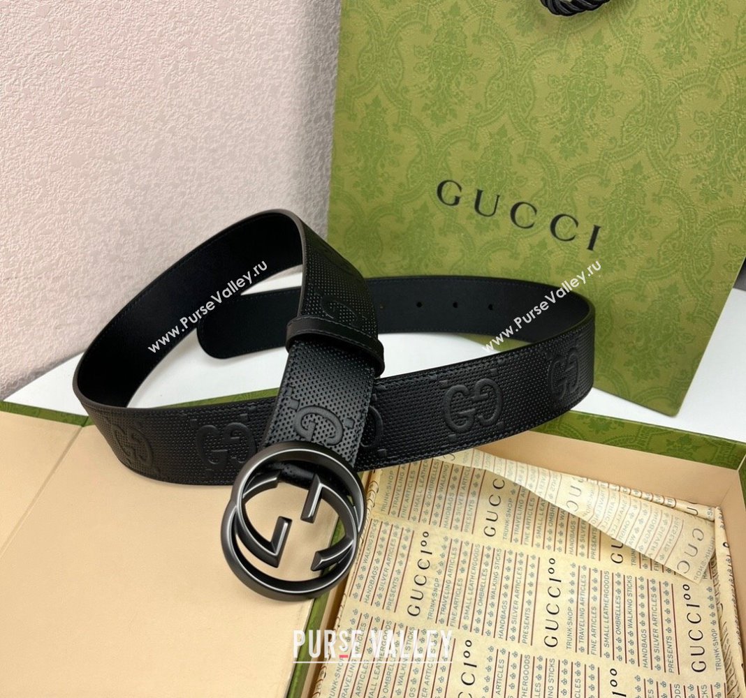 Gucci Black GG Perforated Leather Belt 4cm with Interlocking G Black 2024 0408 (99-240408093)