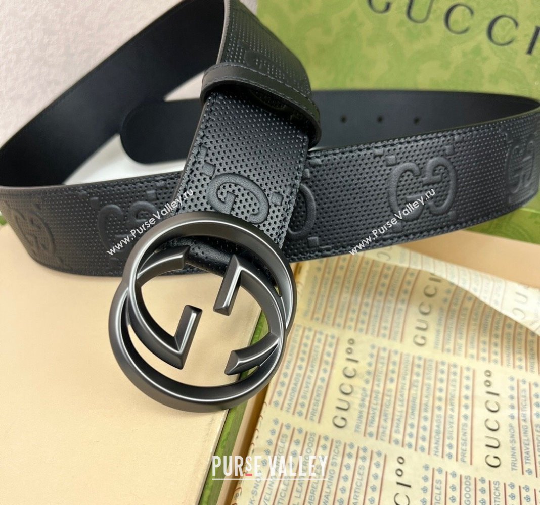 Gucci Black GG Perforated Leather Belt 4cm with Interlocking G Black 2024 0408 (99-240408093)