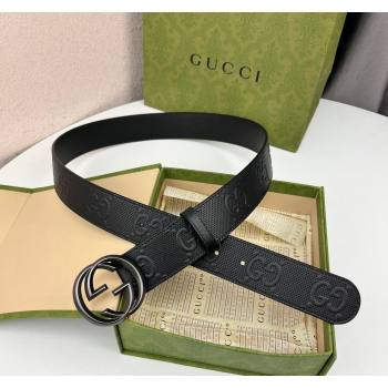 Gucci Black GG Perforated Leather Belt 4cm with Interlocking G Black 2024 0408 (99-240408093)
