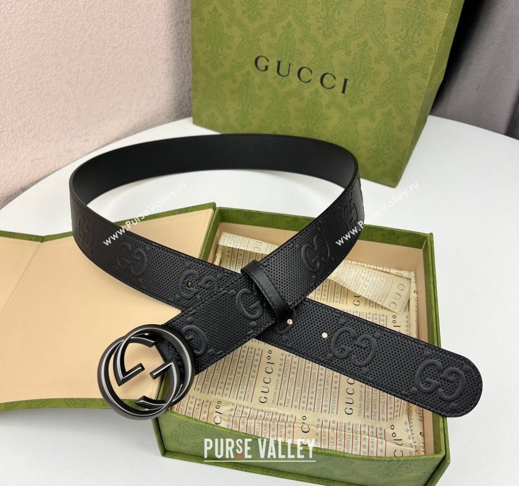 Gucci Black GG Perforated Leather Belt 4cm with Interlocking G Black 2024 0408 (99-240408093)