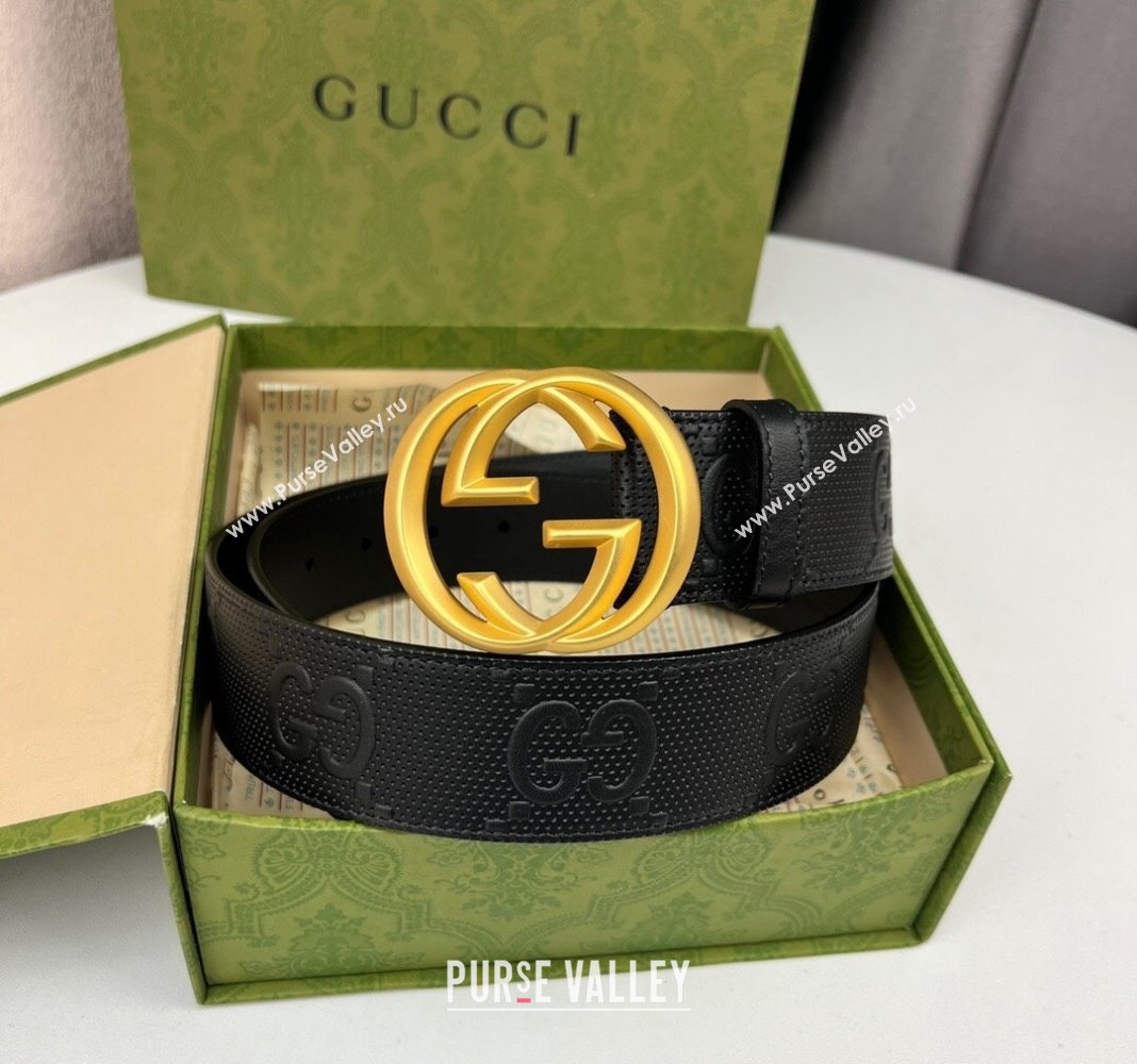 Gucci Black GG Perforated Leather Belt 4cm with Interlocking G Gold 2024 0408 (99-240408094)