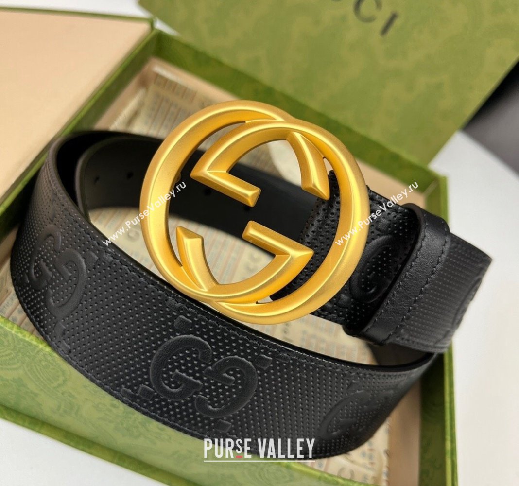 Gucci Black GG Perforated Leather Belt 4cm with Interlocking G Gold 2024 0408 (99-240408094)