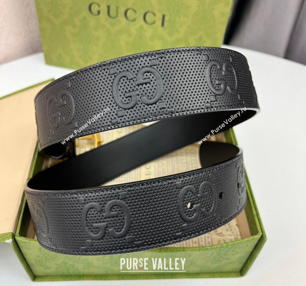 Gucci Black GG Perforated Leather Belt 4cm with Interlocking G Gold 2024 0408 (99-240408094)