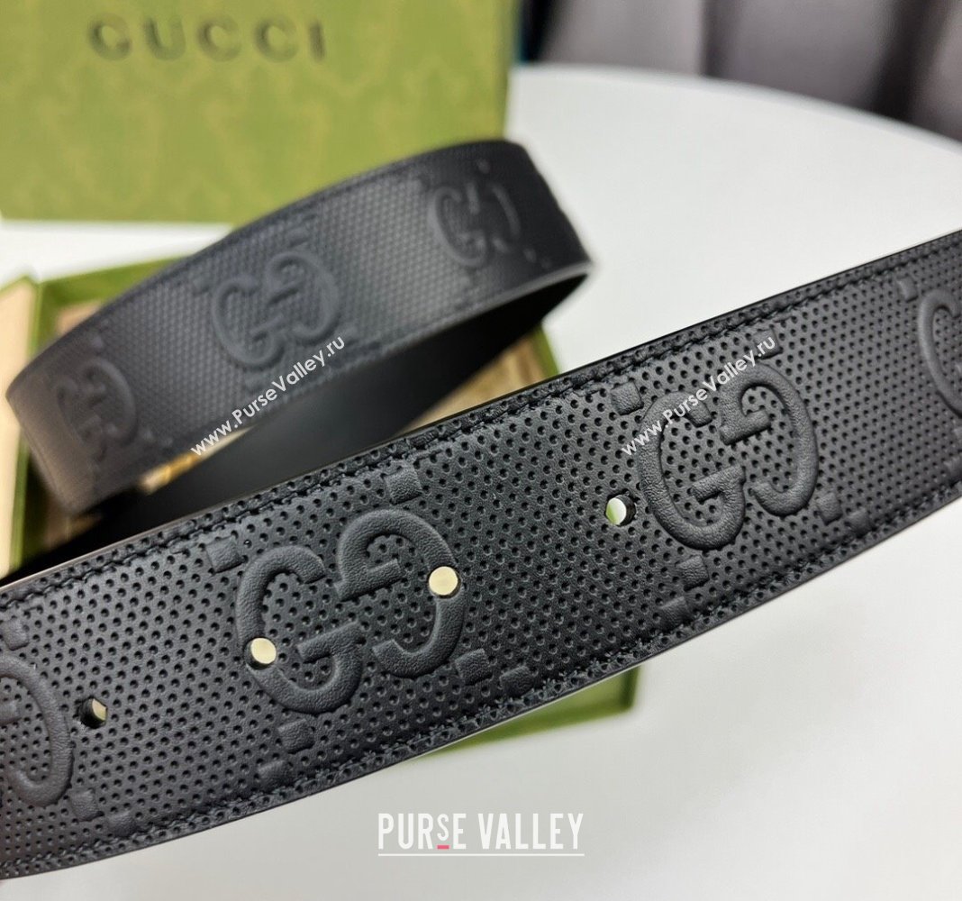Gucci Black GG Perforated Leather Belt 4cm with Interlocking G Gold 2024 0408 (99-240408094)