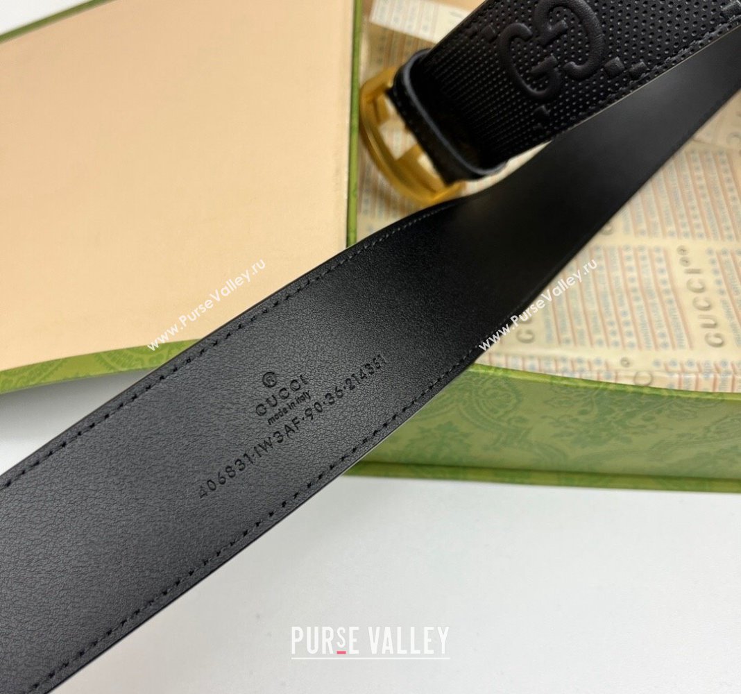 Gucci Black GG Perforated Leather Belt 4cm with Interlocking G Gold 2024 0408 (99-240408094)