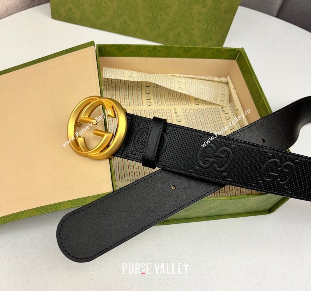 Gucci Black GG Perforated Leather Belt 4cm with Interlocking G Gold 2024 0408 (99-240408094)