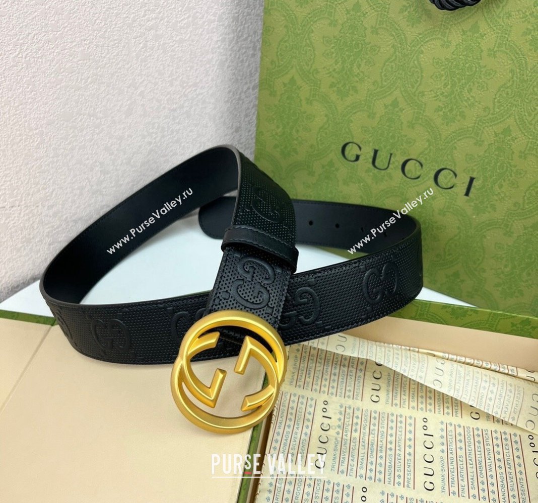 Gucci Black GG Perforated Leather Belt 4cm with Interlocking G Gold 2024 0408 (99-240408094)