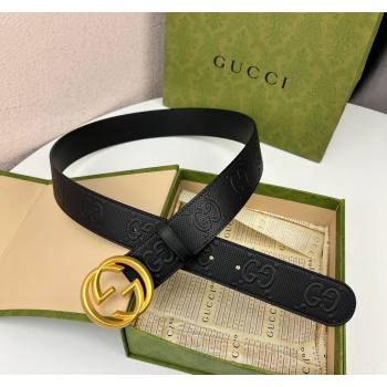 Gucci Black GG Perforated Leather Belt 4cm with Interlocking G Gold 2024 0408 (99-240408094)