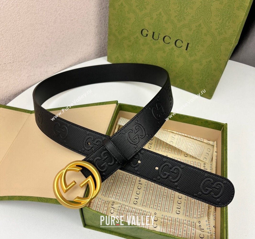 Gucci Black GG Perforated Leather Belt 4cm with Interlocking G Gold 2024 0408 (99-240408094)