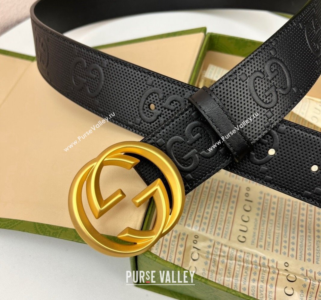 Gucci Black GG Perforated Leather Belt 4cm with Interlocking G Gold 2024 0408 (99-240408094)