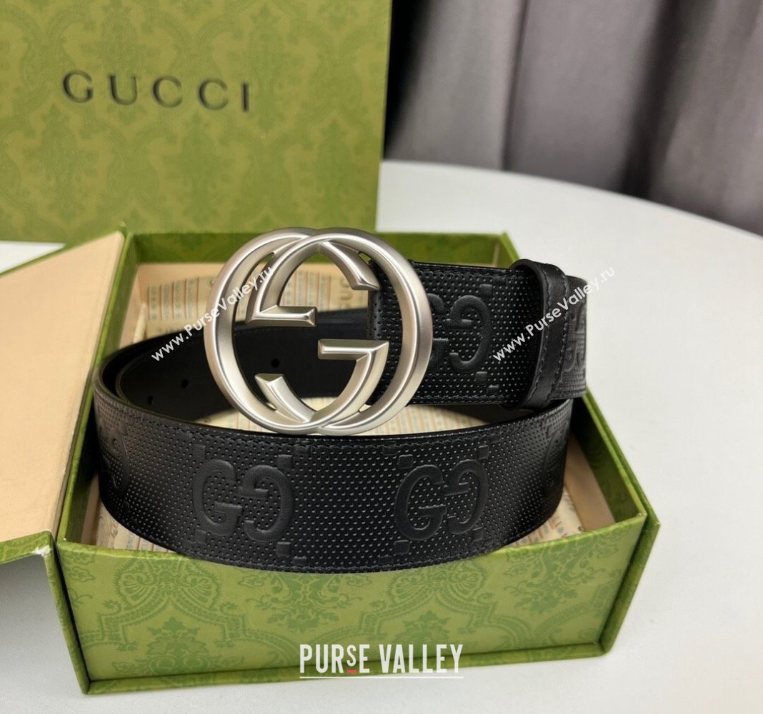 Gucci Black GG Perforated Leather Belt 4cm with Interlocking G Silver 2024 0408 (99-240408095)