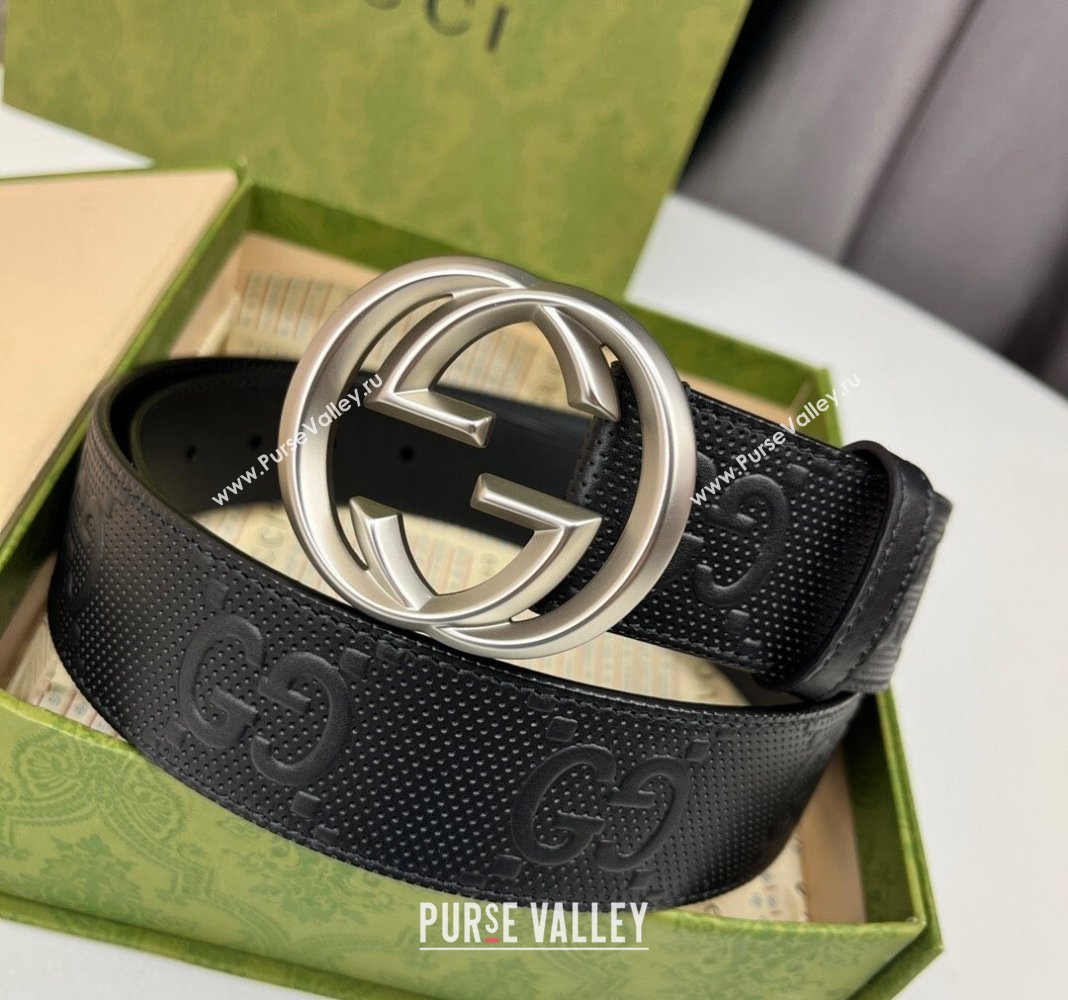 Gucci Black GG Perforated Leather Belt 4cm with Interlocking G Silver 2024 0408 (99-240408095)