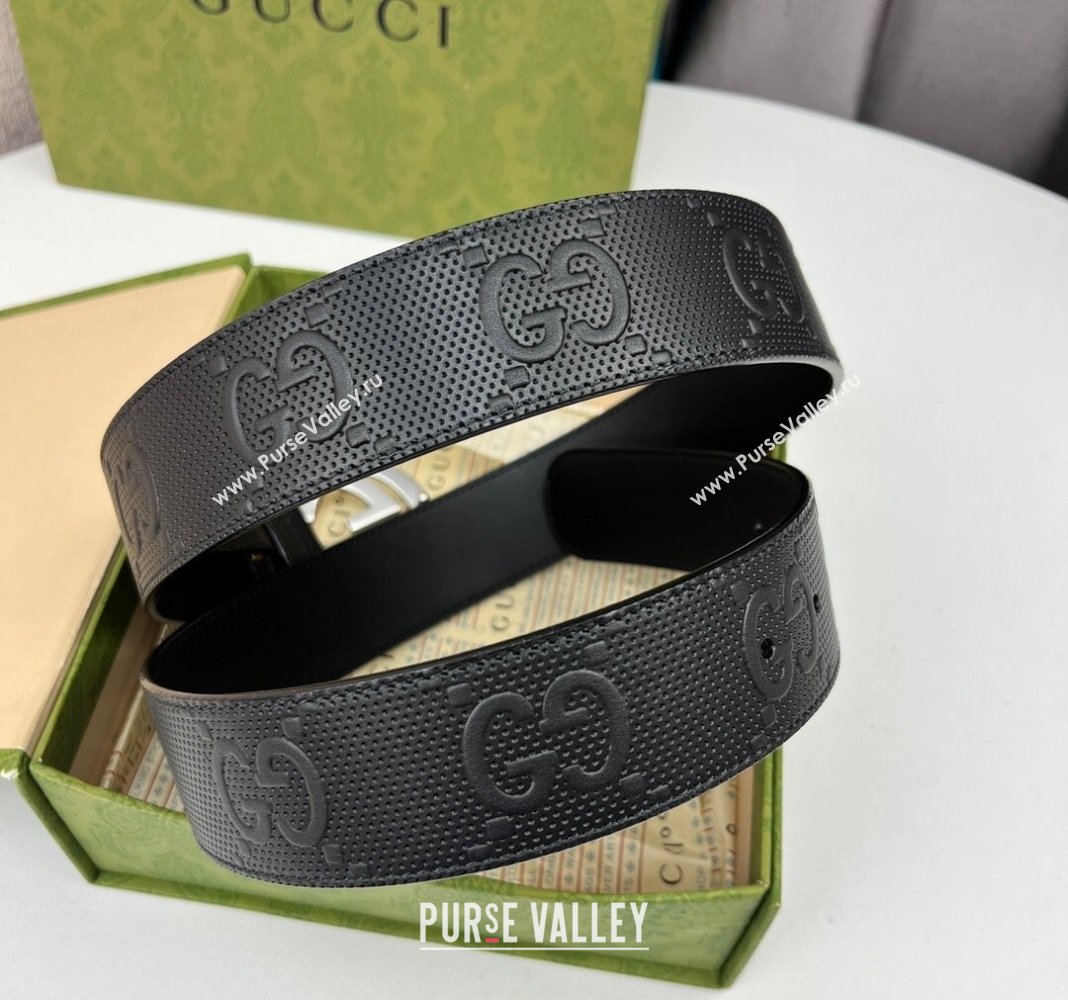 Gucci Black GG Perforated Leather Belt 4cm with Interlocking G Silver 2024 0408 (99-240408095)