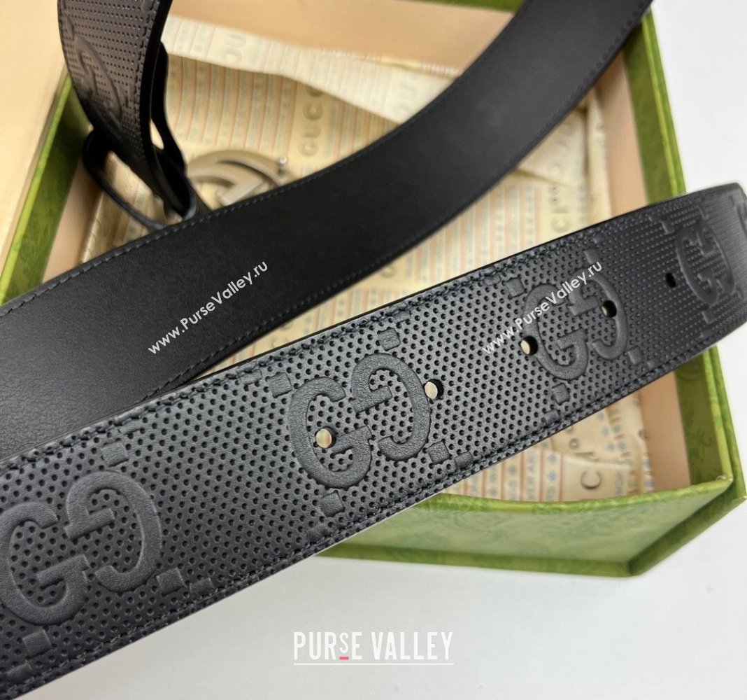 Gucci Black GG Perforated Leather Belt 4cm with Interlocking G Silver 2024 0408 (99-240408095)