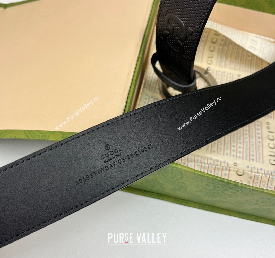 Gucci Black GG Perforated Leather Belt 4cm with Interlocking G Silver 2024 0408 (99-240408095)