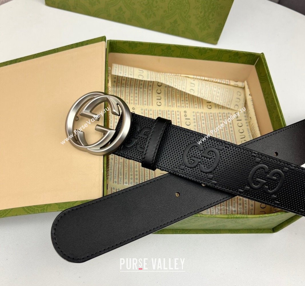 Gucci Black GG Perforated Leather Belt 4cm with Interlocking G Silver 2024 0408 (99-240408095)