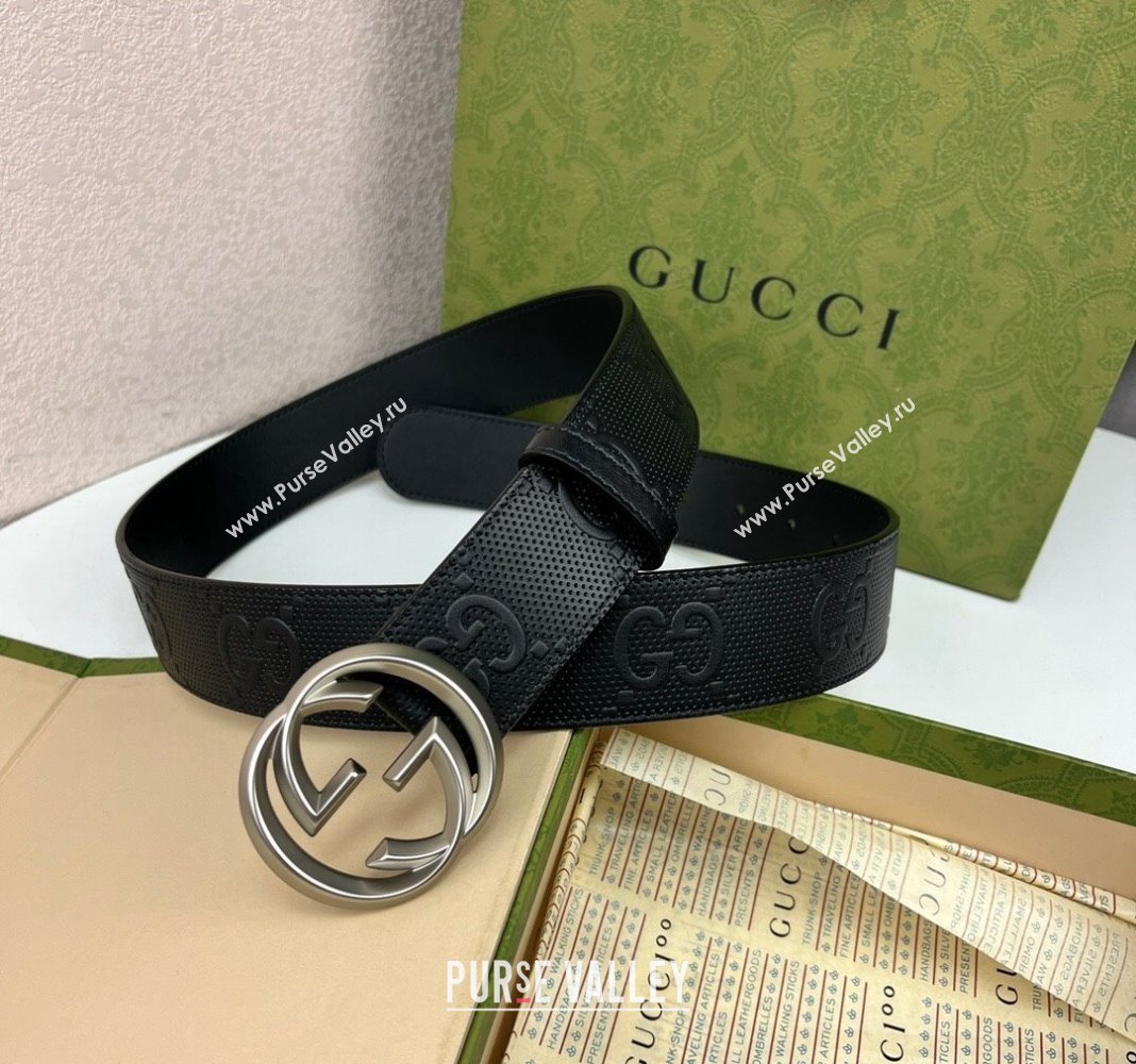 Gucci Black GG Perforated Leather Belt 4cm with Interlocking G Silver 2024 0408 (99-240408095)