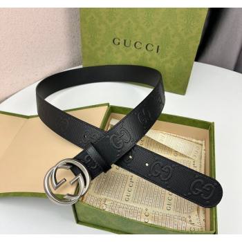 Gucci Black GG Perforated Leather Belt 4cm with Interlocking G Silver 2024 0408 (99-240408095)
