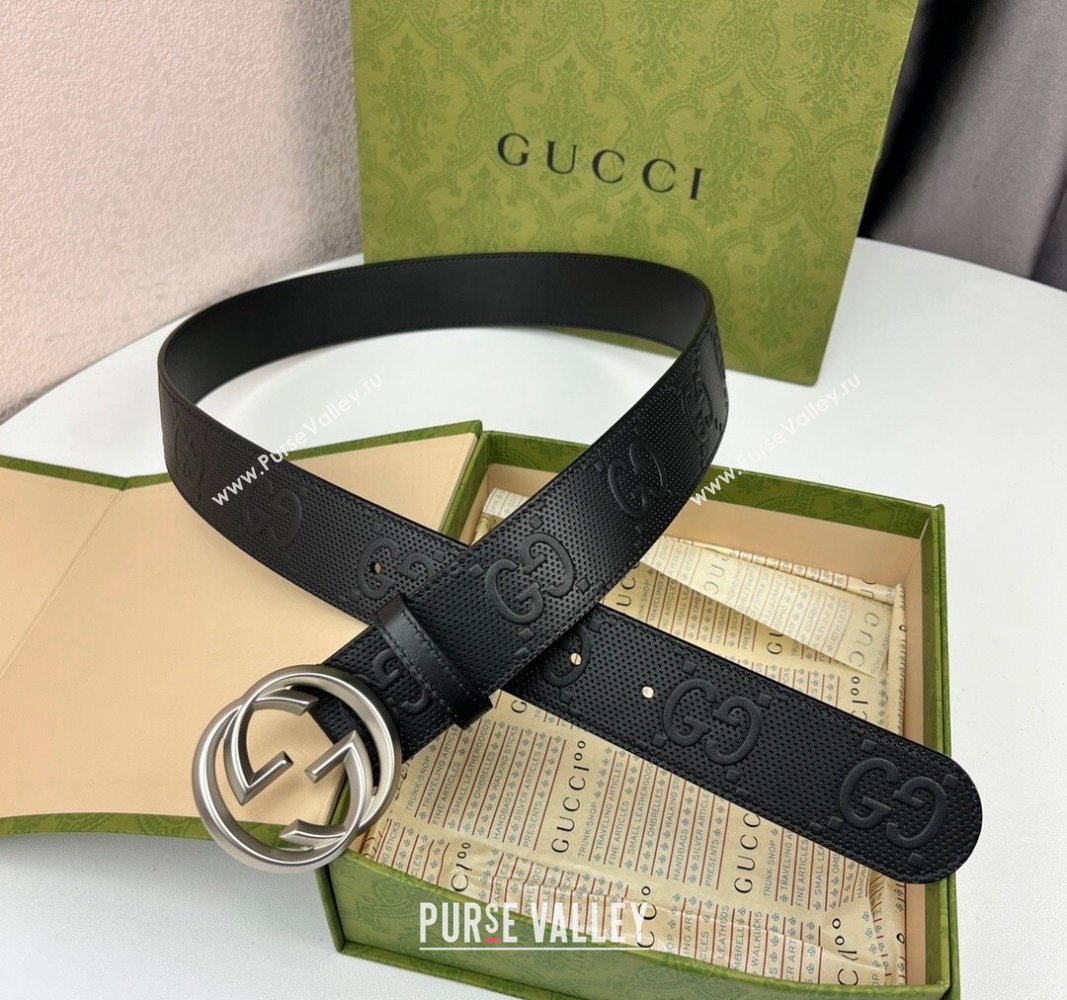 Gucci Black GG Perforated Leather Belt 4cm with Interlocking G Silver 2024 0408 (99-240408095)