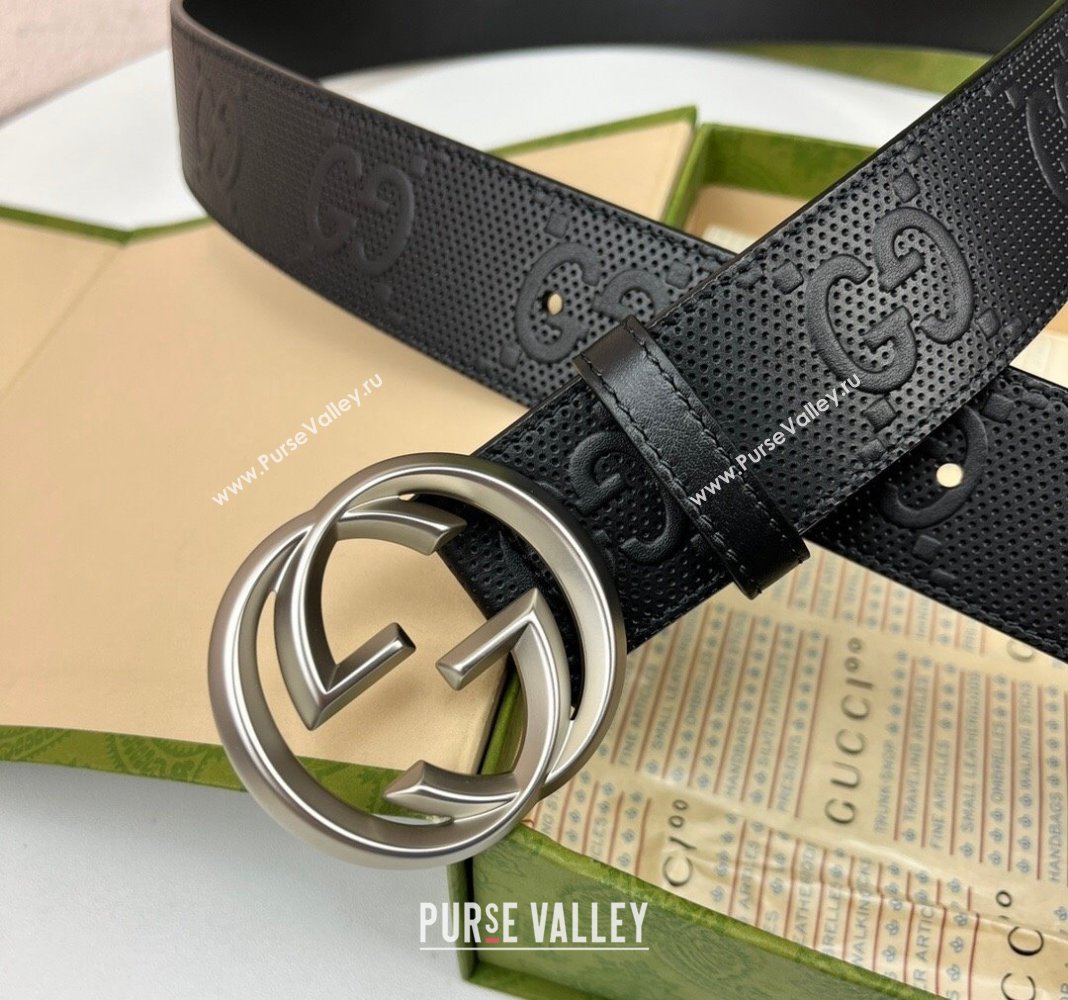 Gucci Black GG Perforated Leather Belt 4cm with Interlocking G Silver 2024 0408 (99-240408095)