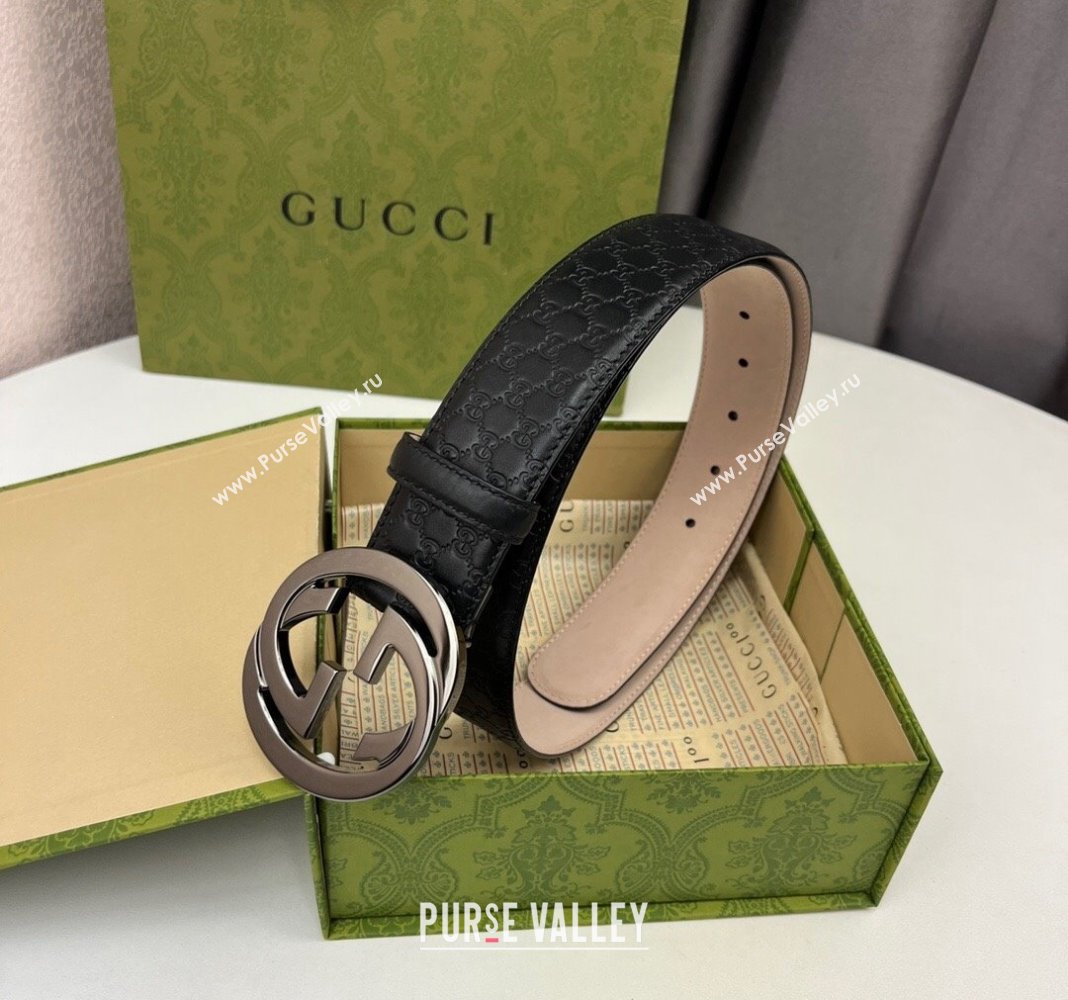 Gucci GG Leather Belt 4cm with Interlocking G Gunmetal 2024 040805 (99-240408096)
