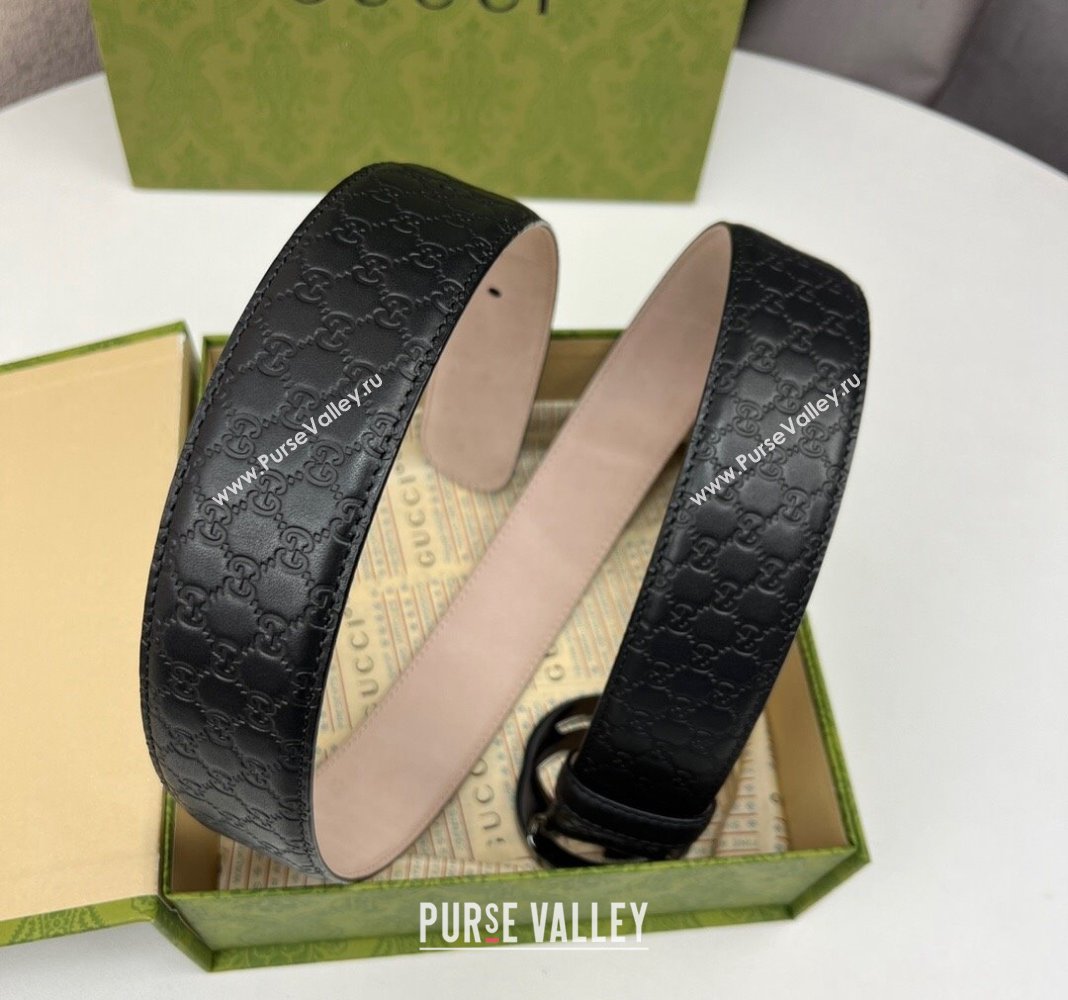 Gucci GG Leather Belt 4cm with Interlocking G Gunmetal 2024 040805 (99-240408096)