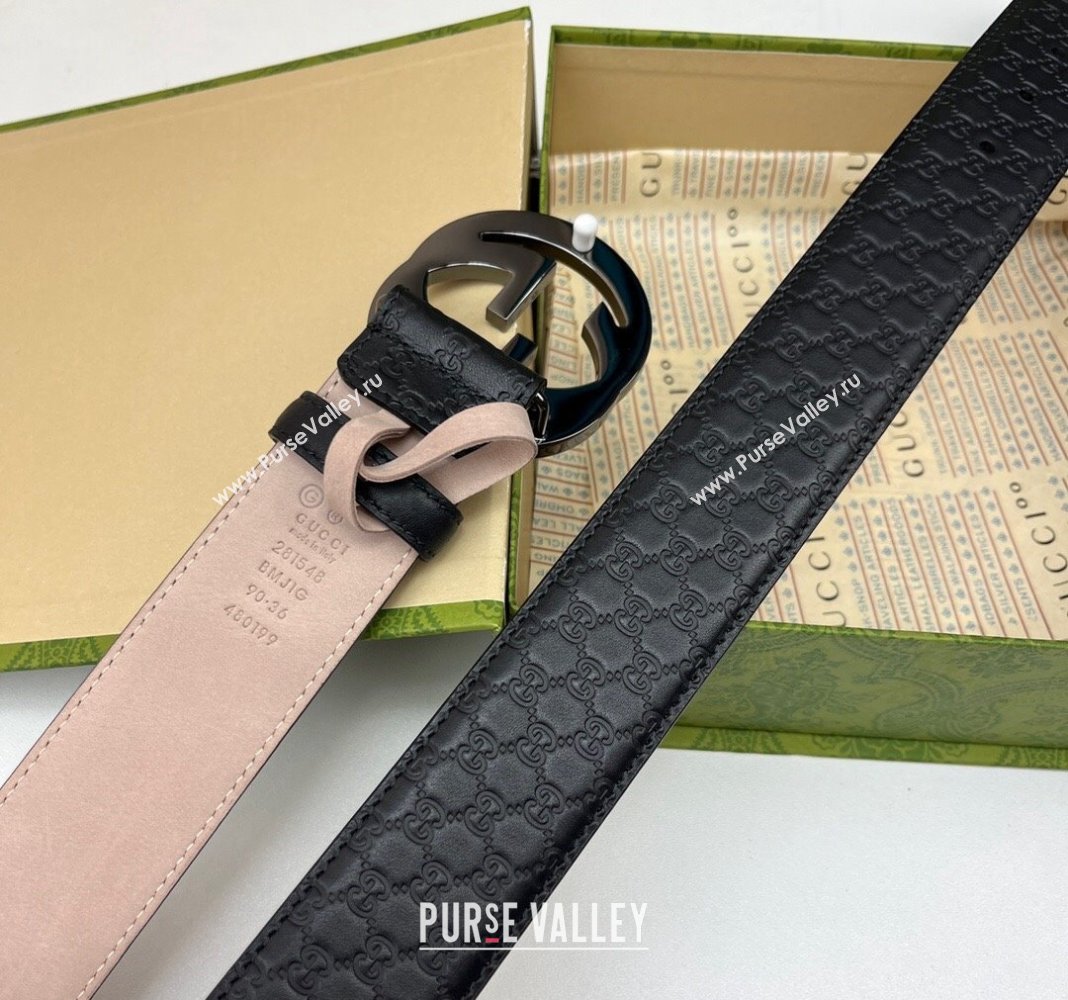 Gucci GG Leather Belt 4cm with Interlocking G Gunmetal 2024 040805 (99-240408096)