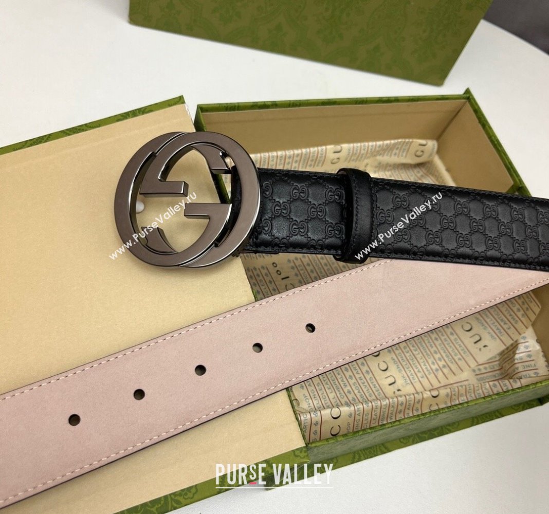 Gucci GG Leather Belt 4cm with Interlocking G Gunmetal 2024 040805 (99-240408096)