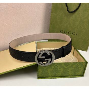 Gucci GG Leather Belt 4cm with Interlocking G Gunmetal 2024 040805 (99-240408096)