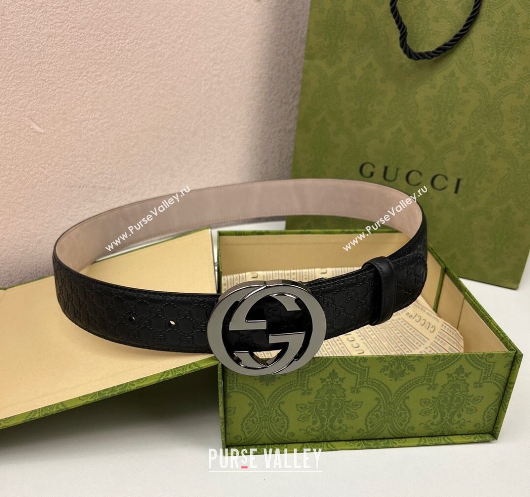 Gucci GG Leather Belt 4cm with Interlocking G Gunmetal 2024 040805 (99-240408096)
