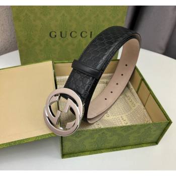 Gucci GG Leather Belt 4cm with Interlocking G Black/Silver 2024 040805 (99-240408098)