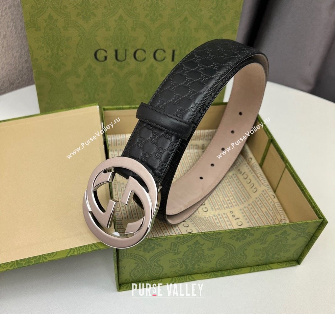 Gucci GG Leather Belt 4cm with Interlocking G Black/Silver 2024 040805 (99-240408098)
