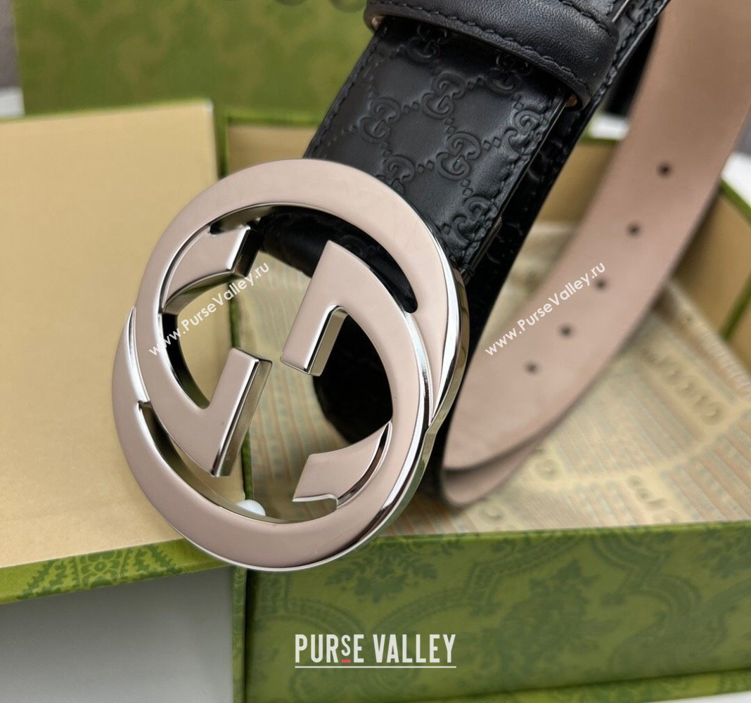 Gucci GG Leather Belt 4cm with Interlocking G Black/Silver 2024 040805 (99-240408098)