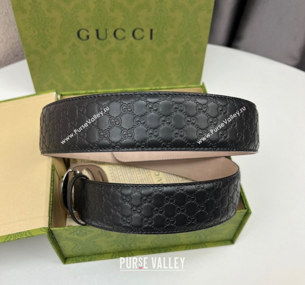Gucci GG Leather Belt 4cm with Interlocking G Black/Silver 2024 040805 (99-240408098)