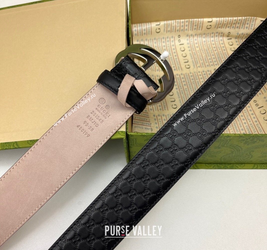 Gucci GG Leather Belt 4cm with Interlocking G Black/Silver 2024 040805 (99-240408098)