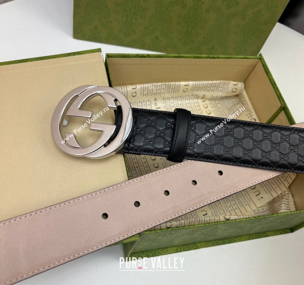 Gucci GG Leather Belt 4cm with Interlocking G Black/Silver 2024 040805 (99-240408098)